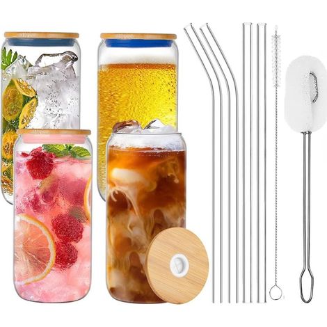 10 Pièces Verres Canette à Bière Set, 4Pcs 20oz /600ml Gobelets en Verre Glacés en Forme de Boîte avec 4Pcs Couvercle et Paille, 2Pcs Brosses- pour Cocktail Whisky Milkshake Café Thé Soda (1/5)