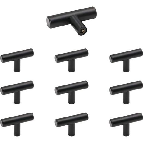 Lot de 10 boutons de meuble inox noir 8 x 2 cm – poignées de tiroir/placard antirouille avec vis (1/5)