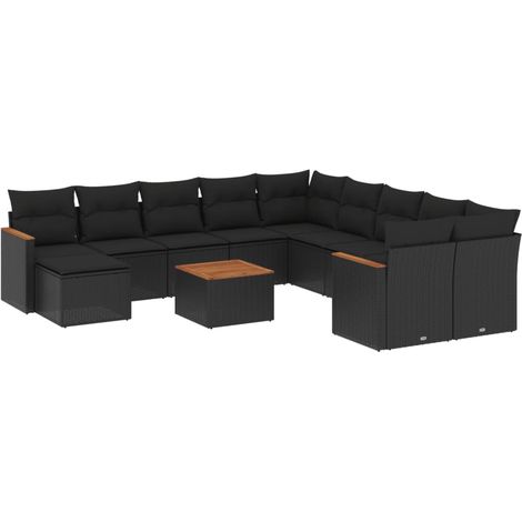 Salon de jardin 12 pcs avec coussins noir résine tressée (1/5)
