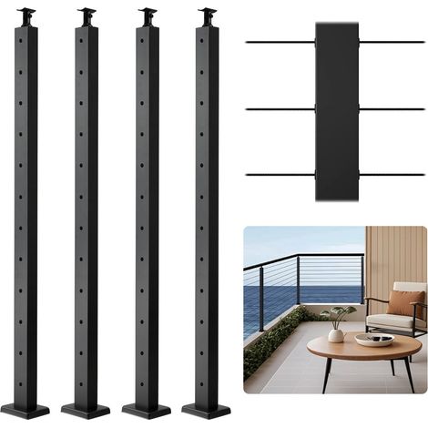 Poteau Garde Corps, Lot de 4, Poteau Rampe d'Escalier à Câble 1067x50,8x50,8 mm Trou Horizontal Pré-percé Support Horizontal Incurvé, pour Main Courante, Balustrade, Noir, 4JZLGZXHS106URZU0001V0 (1/5)