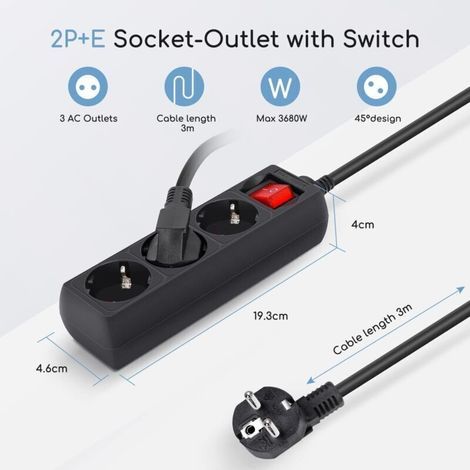 Multiprise 3 Prises avec Interrupteur Parasurtenseur Parafoudre câble 3 m Noir 3680w (1/3)