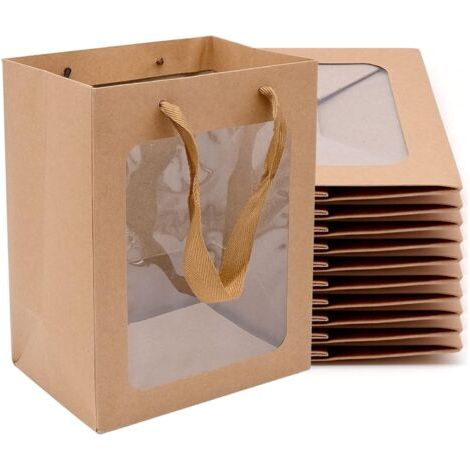 10 pezzi di sacchetti di carta kraft, scatole regalo di carta kraft, sacchetti regalo con manici, sacchetti regalo con finestra per compleanni, matrimoni, feste del tè e celebrazioni. (1/5)