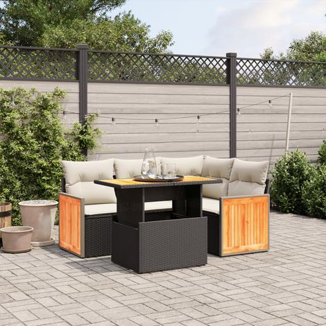 Ensemble Salon Jardin 5 Places Noir Résine Tressée avec Table Réglable et Coussins Crème - Canapé d'Angle Modulaire (1/3)
