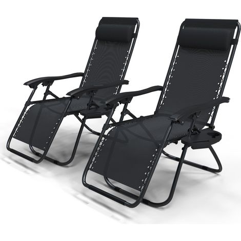VOUNOT Set of 2 Zero Gravity Chairs, Garden Sun Loungers with Cup and Phone Holder, Black