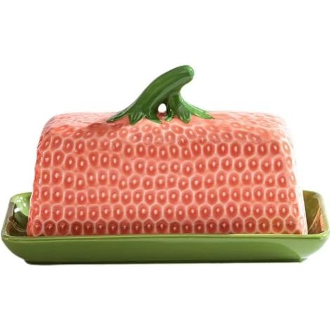 Beurrier à fraises avec couvercle, grand plat de rangement et de service en céramique rouge, pouvant contenir une plaquette de beurre.