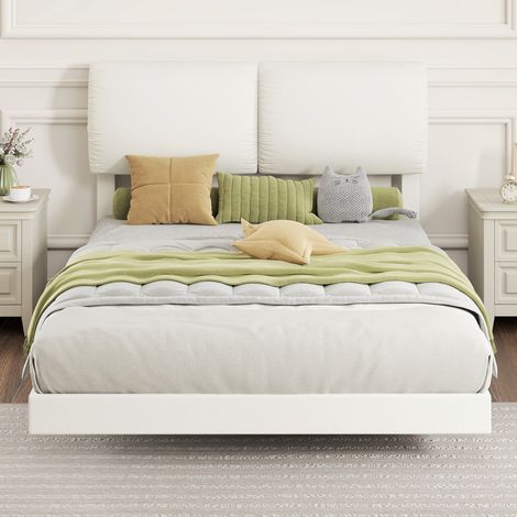 Cama Doble de 135x190 cm Somier con Cabecero Acolchado Efecto Flotante Estructura Metálica Beige (1/5)