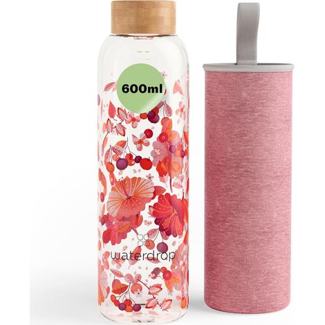 Bouteille en Verre 600ml - Gourde en Verre Borosilicate avec Bouchon Bambou et Housse, Sans BPA, Étanche, Idéale pour Maison, Bureau, Sport, Voyage (1/5)
