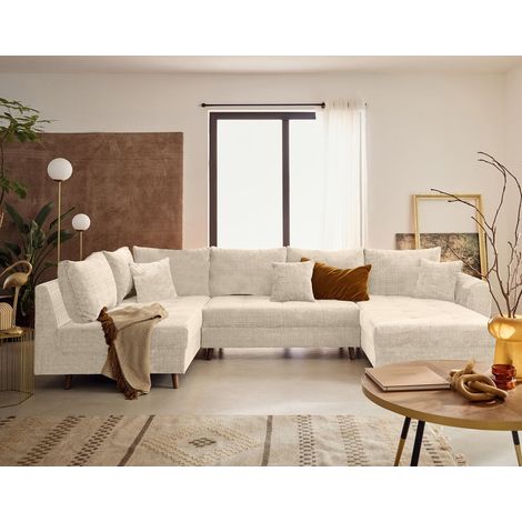 Lisa Design – Canapé panoramique d'angle gauche 7 places en velours texturé – Dimensions 310x161 cm – Confort optimal avec coussins déhoussables