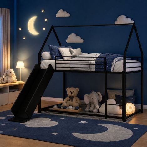 Litera infantil 90x190 cm negra de hierro con tobogán y escalera (1/5)