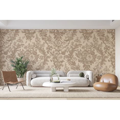 Papier peint rétro - damas floral beige et or - 150 x 250 cm (1/2)