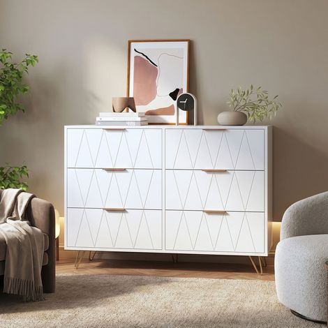 Comanlai - Commode 6 tiroirs, Scandinave Commode en forme de losange, panneau en placage, poigné et pied doré, MDF, 100x34x72.5cm, blanc (100x34x72.5 cm) (1/5)