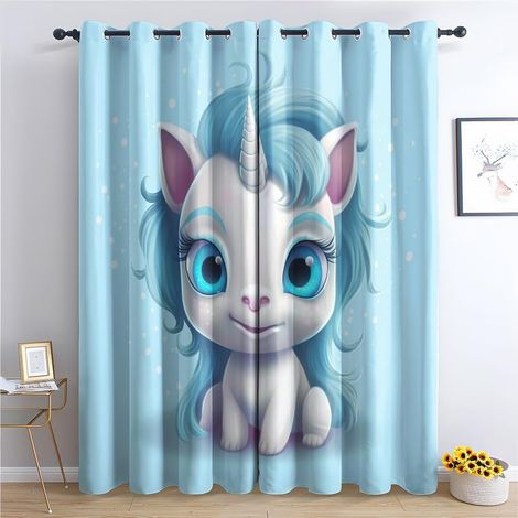 Rideau Occultant Licorne Animal Enfant, Rideaux Thermiques à Oeillets pour Salon Chambre Fenetre, Motif Dessin Animé Bleu Rideaux Lot De 2 Moderne Décoration De Fenêtre, 140x160 cm (L x H) - 140L X 1 (1/5)