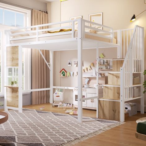 Letto a castello 255x153x170 cm, con scala contenitore, spazio aperto sotto il letto, struttura in metallo e MDF, bianco (1/5)