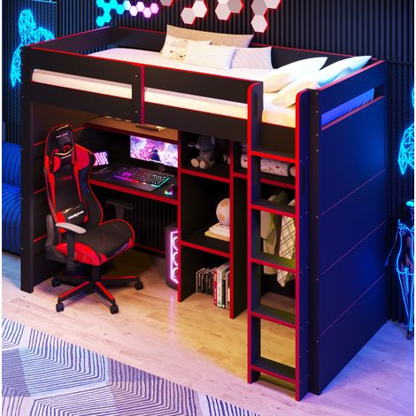 Lit mezzanine 90 x 200 cm avec bureau, armoire ouverte et rangements intégrés, éclairage LED, structure en bois noir et rouge, pour chambre ou espace gaming – CHICFURN (1/5)