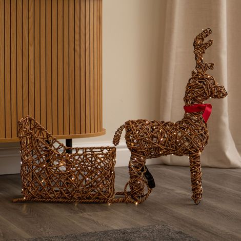 82cm Light Up Rattan Reindeer & Sleigh with 120 LEDs and Timer (1/5)
