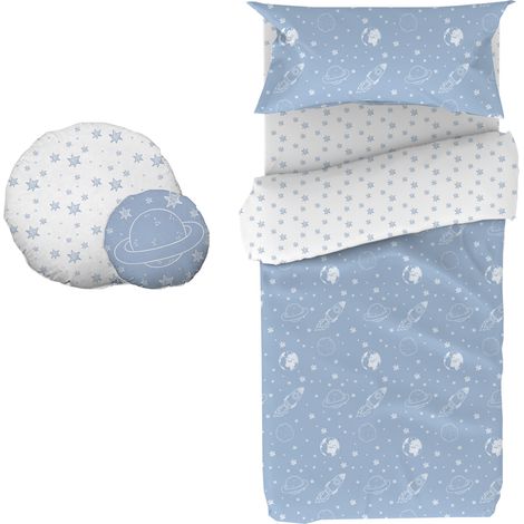 3-teiliges Bettwäsche-Set + Kissen Baumwolle blau 90x190cm