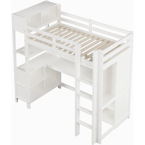 Cama alta 90x200 cm con escritorio, estantes y armario, blanco, sin colchón, HOMVRA (1/5)
