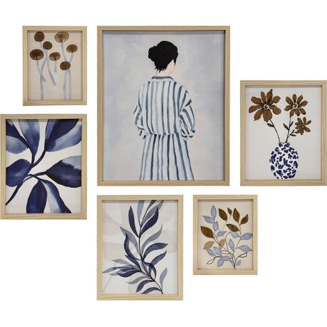 Set 6 lienzos enmarcados en distintos tamaños en tonos azules, 50x40cm, 25x20cm, 30x25cm