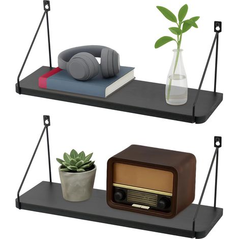 Trintion 2 Pcs Wall floating shelf wooden storage organizer suitable for home (Black, 42cm) (1/5)