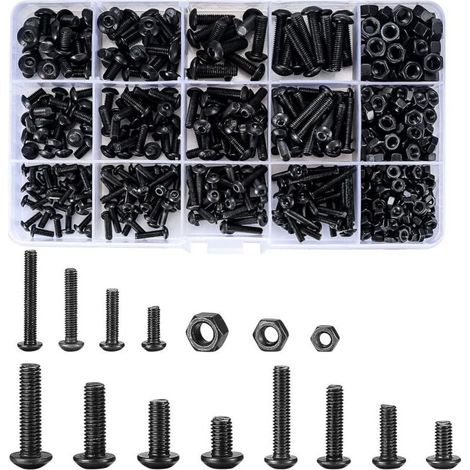 500 Pièces Vis Boulons et écrous, M3/M4/M5 Vis à Six Pans Creux, Vis Bouton avec écrou à Tête Hexagonale Assortiment Kit - Noir (1/4)