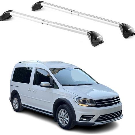 OMAC Barres de toit transversales certifiées TÜV pour VW Caddy Alltrack 2016-2020 – Verrouillables (4 antivols) – Charge max 100 kg – Sangle inox + protection caoutchouc Argent (1/4)