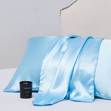 Lot de 2 taies d'oreiller en satin, pour femme, imitation soie, dimensions 51 × 66 cm, bleu clair (1/5)