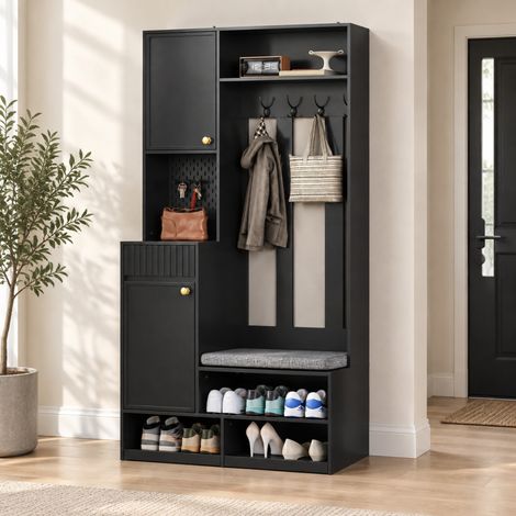 Garderobenset, Komplett-Set Flurgarderobe mit Sitzbank, 4 Haken, Türen & Schubladen - Schwarz , Kompaktmaße 100×180×35 cm (B×H×T) (1/5)