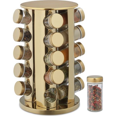 Relaxdays Portaspezie da Cucina, con 20 Barattoli, Girevole a 360°, Riempibile, HLP: 33,5x23x23 cm, Acciaio Inox, Dorato