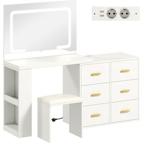 Coiffeuse avec miroir lumineux LED ajustable, table de maquillage avec tabouret, 6 tiroirs de rangement, 118x78x135 cm, blanc (1/5)