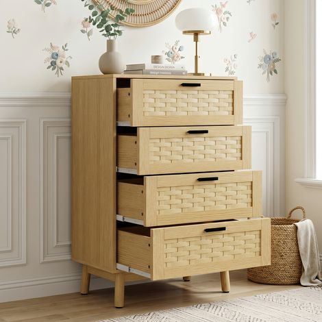 Commode Bois 95 cm avec Cannage en Rotin - Commode chambre 4 Tiroirs et Poignées Noires - Campagnard, pour Salon/Chambre - Naturel