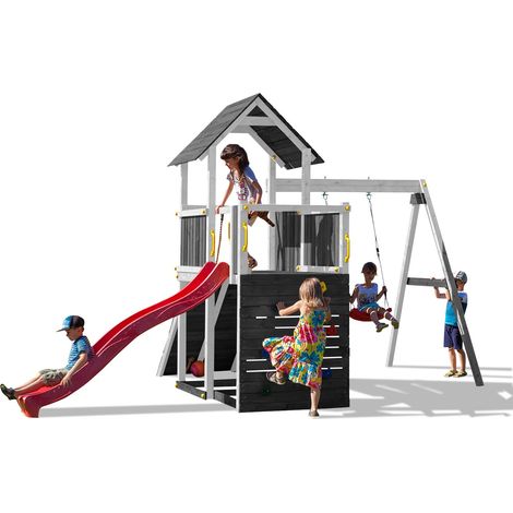 Funni Aire de Jeux Enfant Extérieure – Bois Gris/Blanc – Toboggan 2,2 m – Balançoire Simple – Jusqu’à 7 Enfants – EN 71 (1/5)