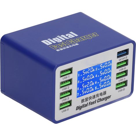 50-W-USB-Ladegerät mit 8 Anschlüssen, QC3.0-Technologie, PWM-Autoerkennungstechnologie, LED-Digitalanzeige, Mehrfachsteckdose mit Schnellladechip, Stromversorgung für Smartphones und Tablets (1/5)