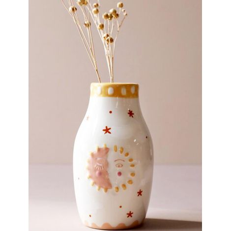 Vase en céramique, décor bohème, Petit Vase crème pour Fleurs séchées ou Bourgeon, Motif Visage de Soleil et de Lune (1/5)