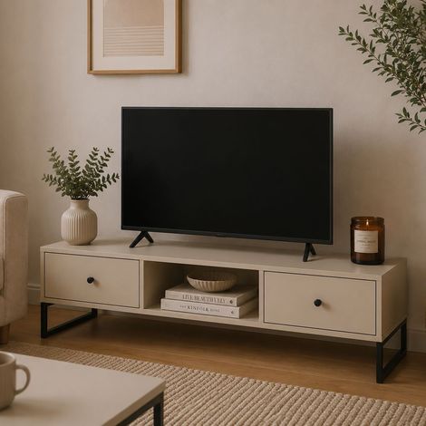Mueble para TV Lilito, 2 cajones, 2 estantes, con patas, 115x33x43h cm Beige (1/3)