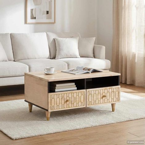 Table basse avec rangement en bois de manguier massif sculpté, finition blanchie, 80 x 54 x 40 cm - PANGIVO (1/5)