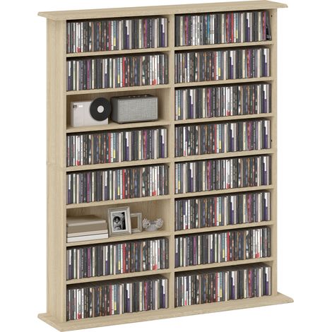 Mobile contenitore per CD e DVD con 16 scomparti e 12 ripiani regolabili, capacità massima 720 CD/396 DVD e Blu-ray, finitura naturale.