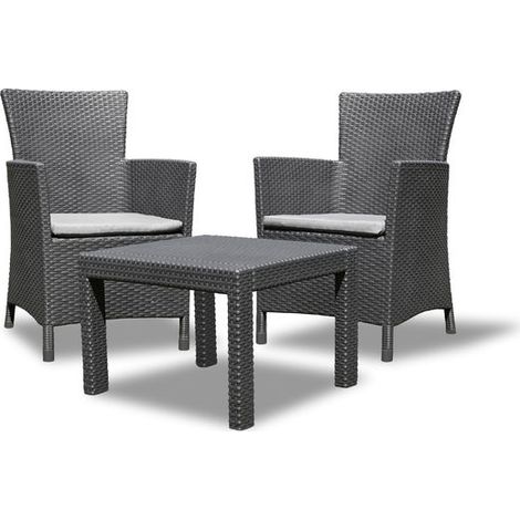 Keter Lounge Set Rosario Balcony 2x Sessel und 1x Tisch, Rattanoptik, Kunststoff, graphit inkl. Sitzkissen, perfekt für Balkon, Terrasse oder Garten, wetterfest und UV-beständig (1/2)