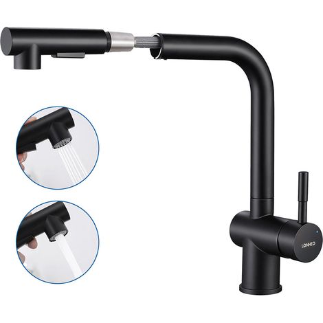 NERO Rubinetto Lavello Cucina Doccetta Estraibile, 2 Modalità Rubinetto Cucina In Acciaio Inox Spazzolato, Miscelatore Cucina Girevole a 360, Rubinetti Monocomand con aeratore staccabile (1/5)