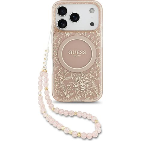 Guess IML Flowers Electro PearlStrap MagSafe Hülle für iPhone 17 Pro Pink