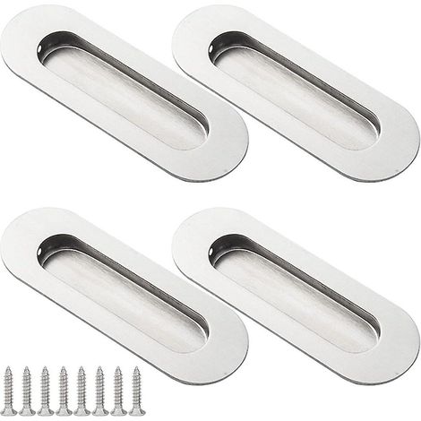 Poignées de porte coulissante ovales encastrées (lot de 4), en acier inoxydable, avec vis, pour portes coulissantes de placards, couleur argent. (1/5)