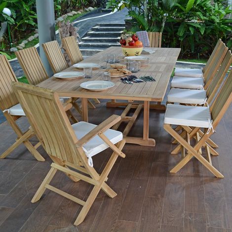 Teck'Attitude – Salon de jardin en teck massif extensible 10 places – Table rectangulaire 190-290 cm – 8 chaises et 2 fauteuils pliants – Certifié FSC (1/5)