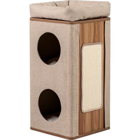 3-stöckiger Katzenkratzbaum mit Kratzbrett und Matten, Beige