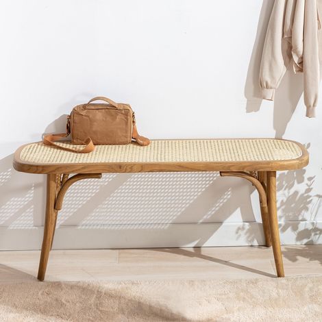 Wahson Dining Bench in Rattan Wood Rustic Ottoman Bench Seat Bench Footstool for Kitchen Living Room Entryway, Natural Wood (1/5)