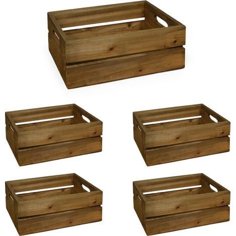 5 Cassettine Contenitori Portaoggetti in Legno Marrone con manici cm 30x19 x h11
