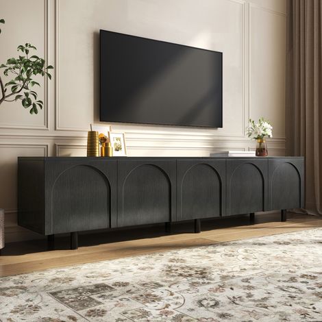 Meuble TV 180 cm avec 5 Portes à Motifs d'Arches, Pieds en Métal et Passages de Câbles, Grand Meuble TV Bas de Salon Design Minimaliste Moderne - Noir (1/5)