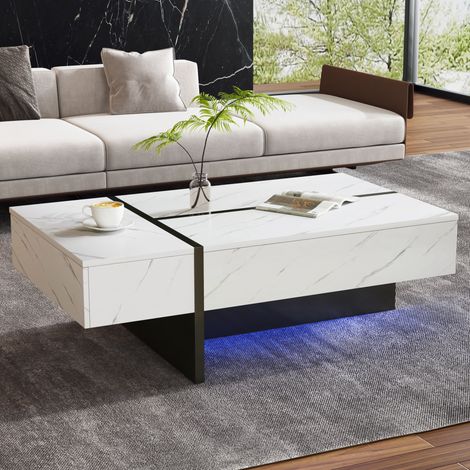 Tavolino LED bianco 105 x 60 x 35 cm, 3 cassetti, effetto marmo, lucido OKMYHOME (1/5)