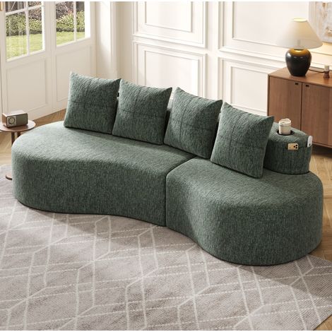 Sofá 240x109x60 cm verde de lino con 4 cojines, portavasos y bolsillos laterales (1/5)