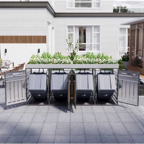 Armario para cubos de basura 4 compartimentos negro en hierro con jardinera y ventilación (1/5)