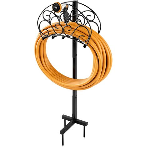 GOPLUS Support de tuyau d'arrosage, support de tuyau d'eau autoportant, support de tuyau en métal amovible, support de rangement de tuyau pour extérieur, cour, jardin, pelouse, noir (1/5)