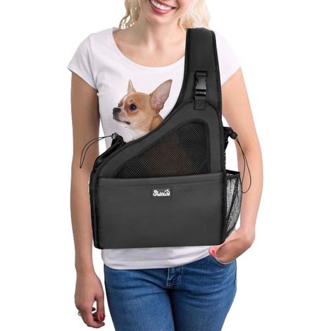 Sac Transport pour Chien, Chiot Sac Bandoulière Voyage Fourre-Tout Sangle rembourrée réglable Maille Respirante Support de Porte Chien Ventral Avant Ceinture de sécurité Lavable (1/5)